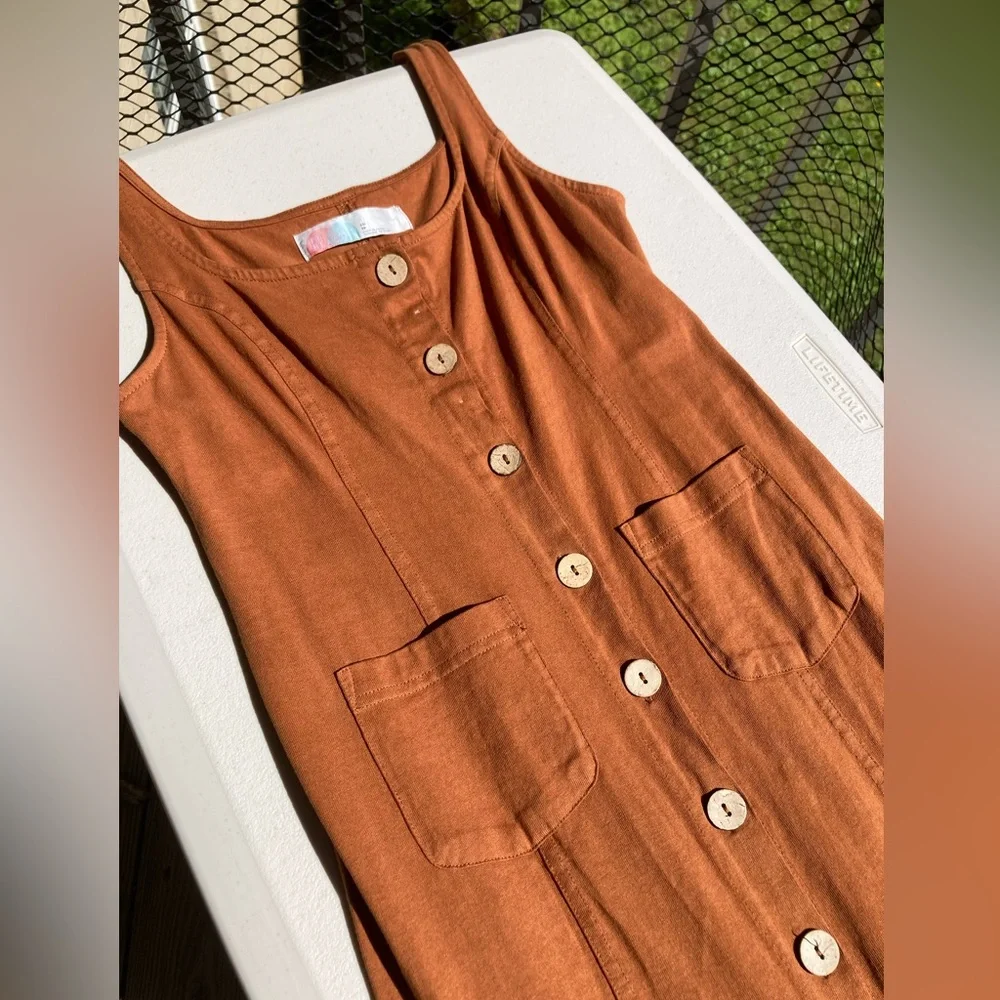 Free People 100% Cotton Wooden Button Front Pocket Front Orange Brown Dress
